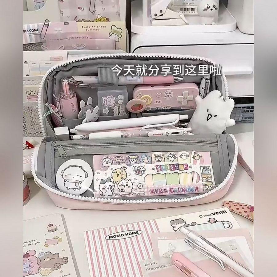 Niche Style Ins Simple Pink Folding Large-capacity Pencil Bag Multi-layer Student Stationery Storage Bag Pencil Case