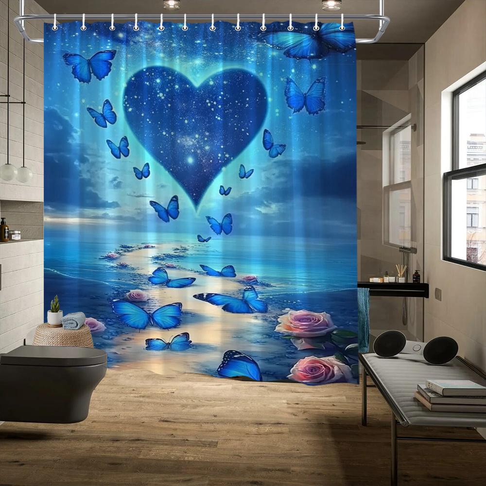 Beach Sunset Shower Curtain - Romantic Starry Night, Pink Roses, Blue Butterflies, Heart Constellation W90xH180cm