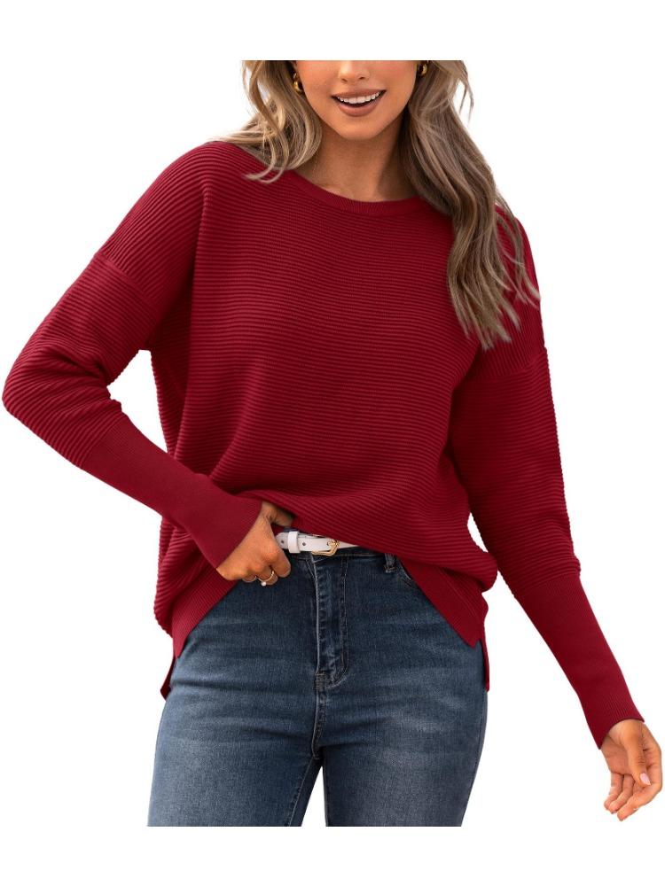 Autumn Winter Women's Sweater Long Sleeve Ribbed Knit Pullover Loose Round Neck Batwing Split Luxurious Relaxed-fit Slimming and Versatile Top