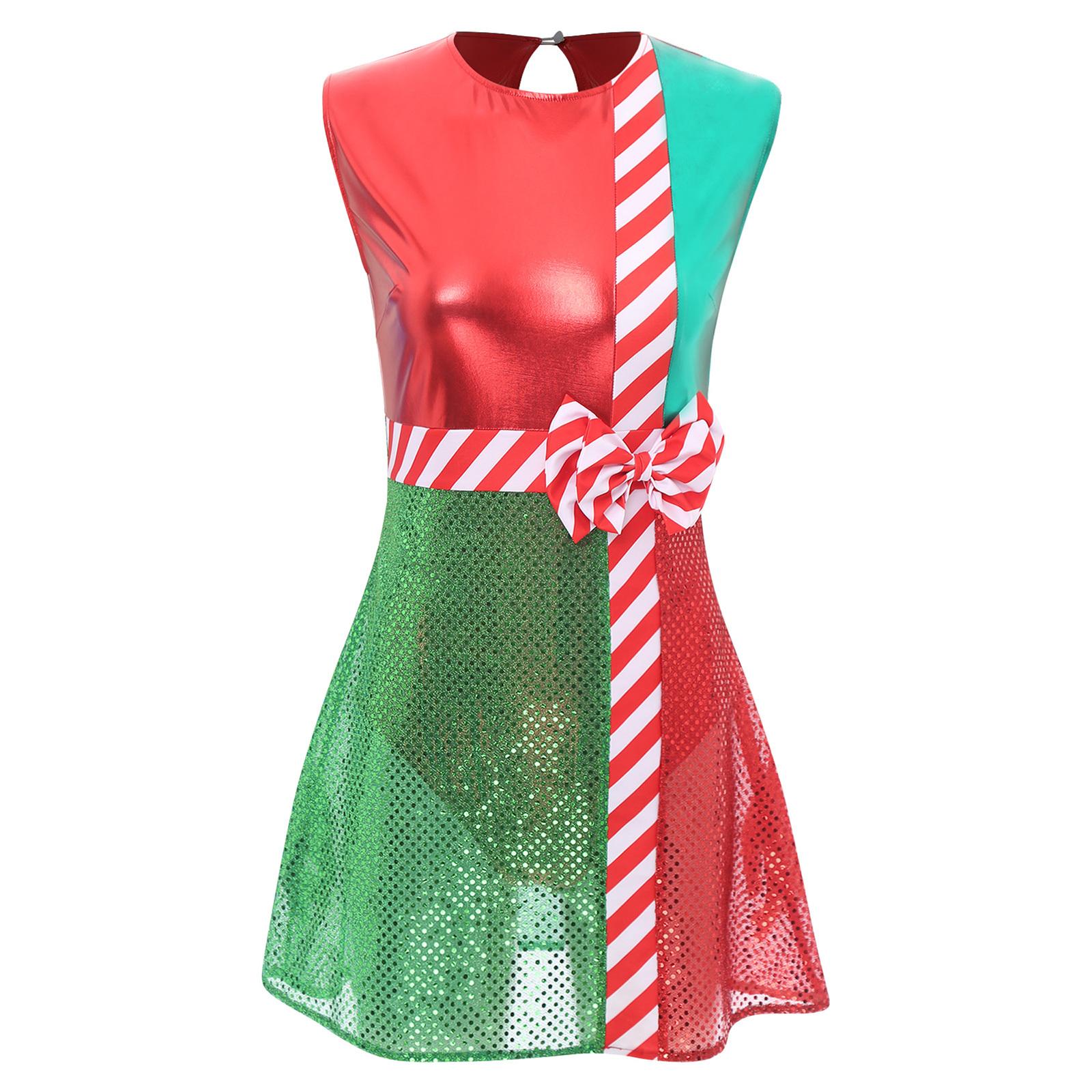 

Ladies Sparkling Christmas Party Dress Metallic Shiny Sequins Round Neck Sleeveless Bowknot Contrast Dance Costume S червоний