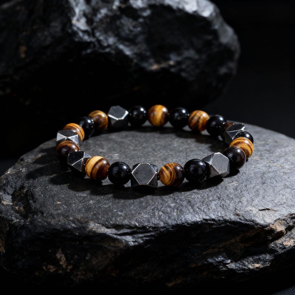Festive Gifts Tiger Eye Black Onyx And Hematite Hexagonal Beaded Bracelet Bold Fashion Jewelry For Men Daily Wear Simple Versatile Accessory