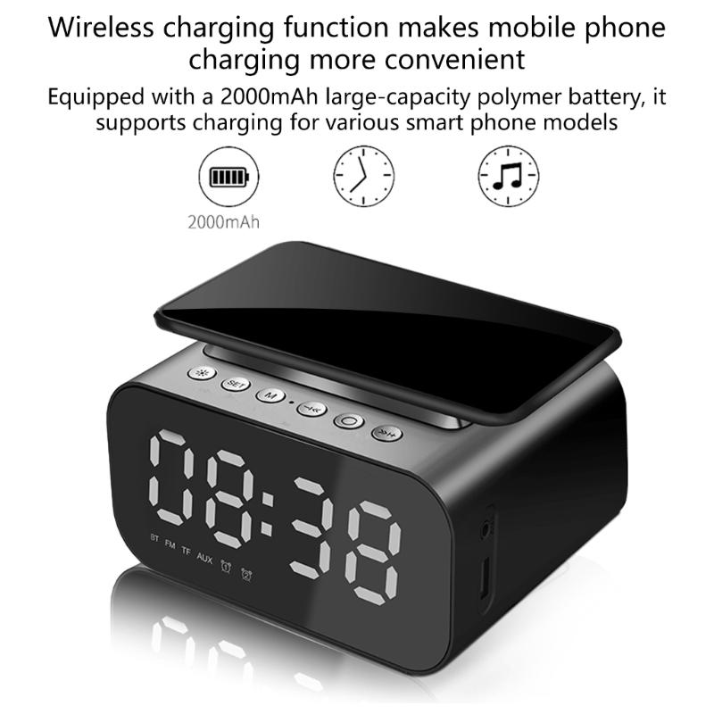 Bluetooth-compatible-compatible Speaker With Wireless Charging Clock 15W LED Display Stereo Bass FM Radio Build In Microphone for Household