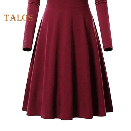 Spring Women Dress O Neck A-line Big Hem Long Sleeve Midi Dress Solid Color Loose Cut Dress for Daily Life Dating Parties