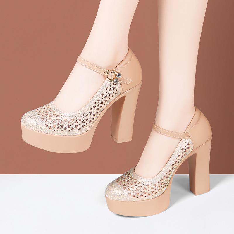 

6см 9см 11см Элегантные сетчатые туфли из натуральной кожи с кристаллами, туфли-лодочки на платформе, весна 2025, туфли на высоком блочном каблуке, модель, свадебная вечеринка 41