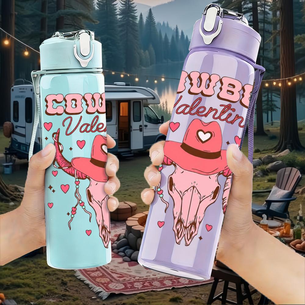 1PC Cowboy Hat Rose Valentine 750ml Color Plastic Sports Water Bottle Leakproof Flip Straw Lid Suitable for Sports Office Home Use