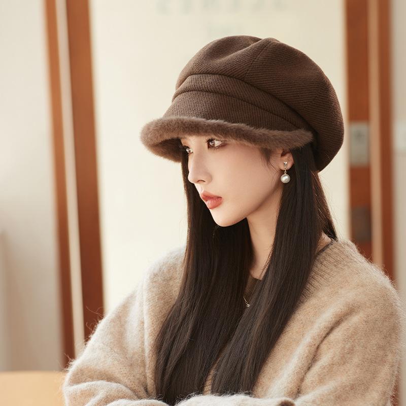 Plush Warm Plush Beret Women's New Autumn and Winter Octagonal Hat Thickened Fashion Pile Hat Bucket Hat