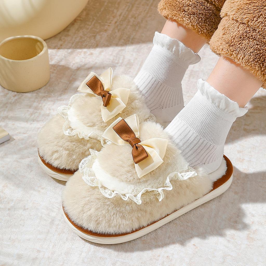 Bow cotton slippers couple indoor home winter warm thick bottom non-slip stepping on shit fluffy slippers winter