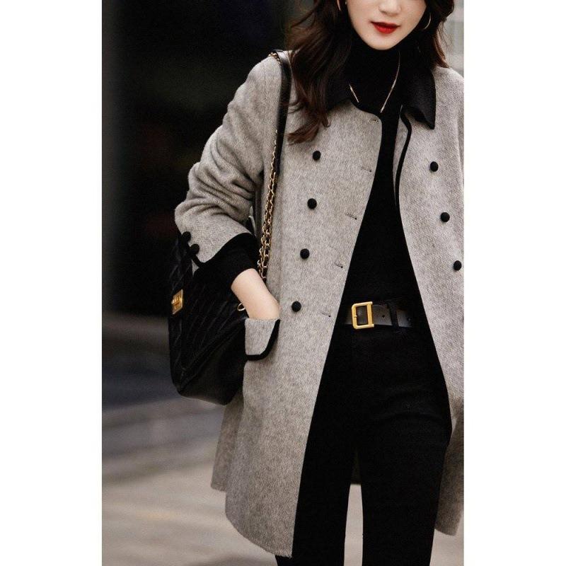 Autumn and Winter Women's 3XL Coat Retro New Fashion Double-breasted Casual Mid-length Temperament Contrasting Small Lapel Woolen Coat for Women