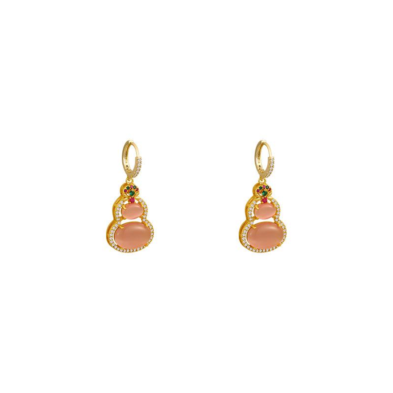 Pink opal gourd earrings women's light luxury flash zirconium ear buckles new Chinese retro explosive earrings