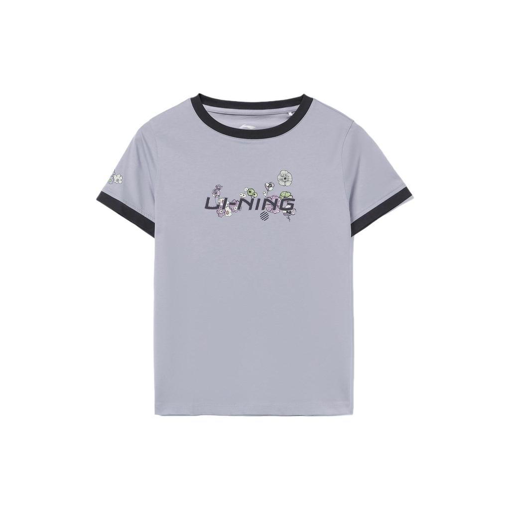 Li Ning Sports Lifestyle Series Logo Floral Print Round Neck Pullover Short Sleeve T-Shirt Women Tops Light-Mist-Purple AHSR418-4