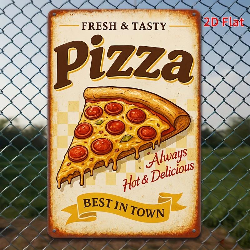 [2D Flat] Vintage Pizza Metal Wall Sign - 8x12 Inch Rustic Iron Tin Decor with Sausage Pizza & "Fresh & Tasty"  for Pizza Decor