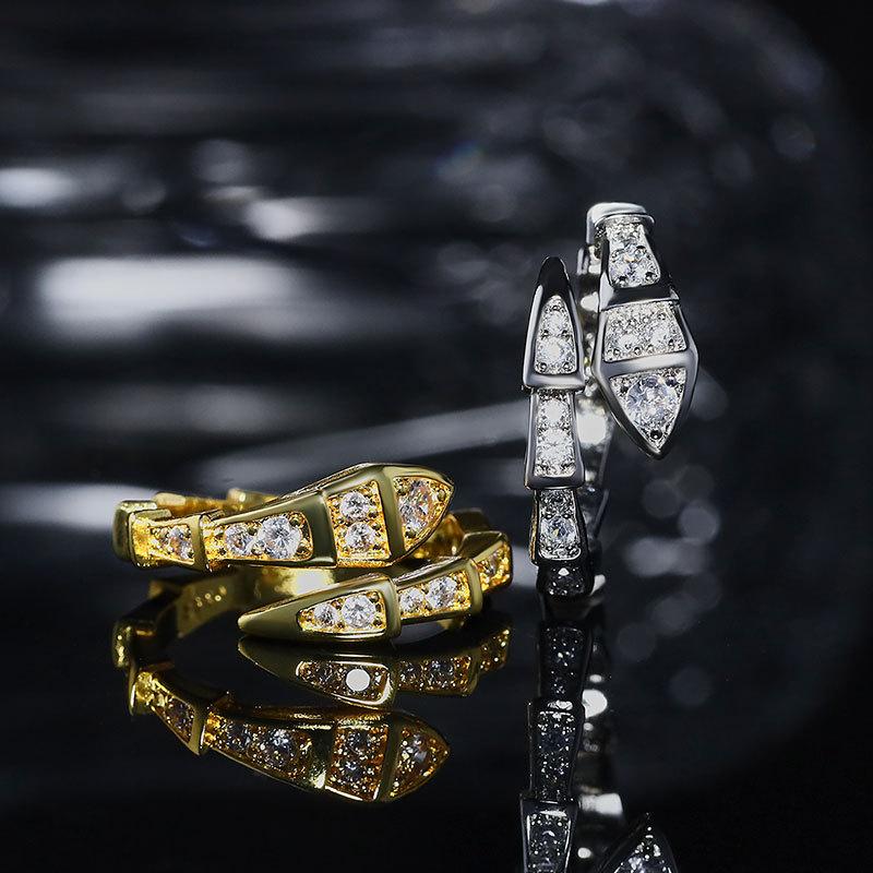 Korean Version Snake Bone Ring Half Circle with Diamond Opening Spring Full Diamond Snake Head Ring Jewelry