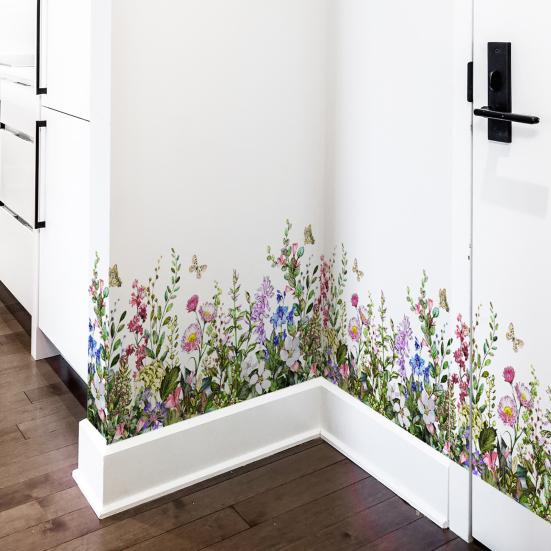 Yousheng 2 Sheets Watercolor Floral Wall Corner Stickers Wildflower Butterflies Green Grass Baseboard Skirting Line Wall Decals for Bedroom Living