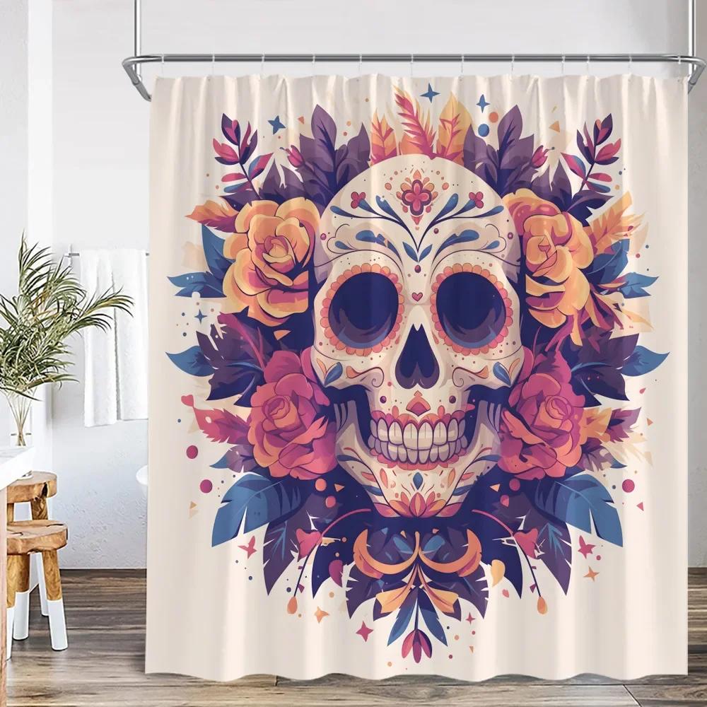 Bohemisk Dödskalle Blomma Duschdraperi Blomma Vintage Växt Blad Glad Halloween Badrumsdekoration Polyester Badkarsdraperi