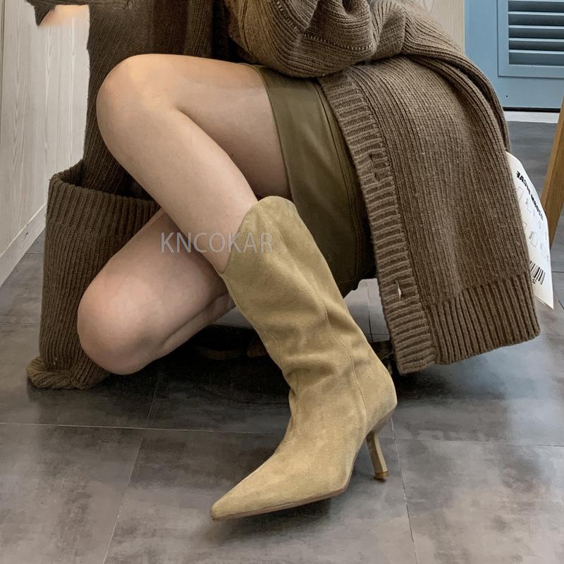 Women's stiletto heel 2025 pointed toe middle boot western cowboy boots fall/winter frosted high-heeled knight boots Thin legs