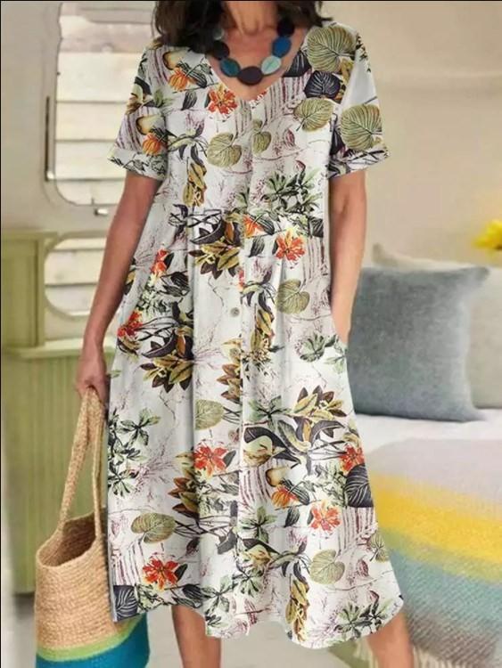 Women's Fashion Casual V-neck Bohemian Print Pocket Dress Long Skirt