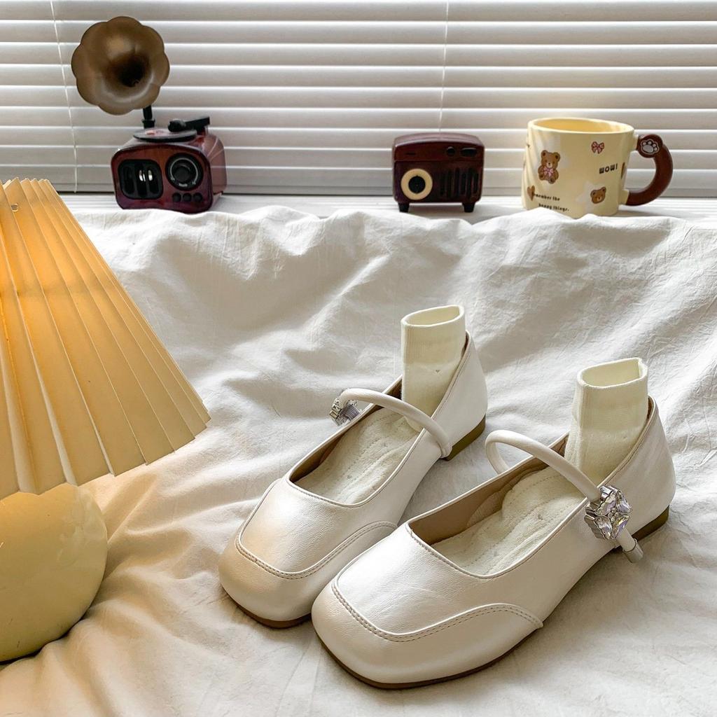 French three-color optional evening wind Mary Jane shoes 2025 autumn new flat-soled single shoes light mouth leather shoes