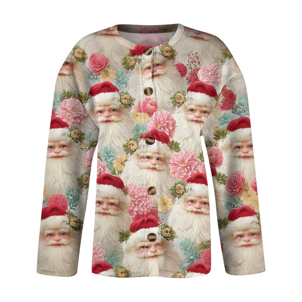 Women's Fashion Christmas Print Long Sleeve Knitted Cardigan Button Jacket