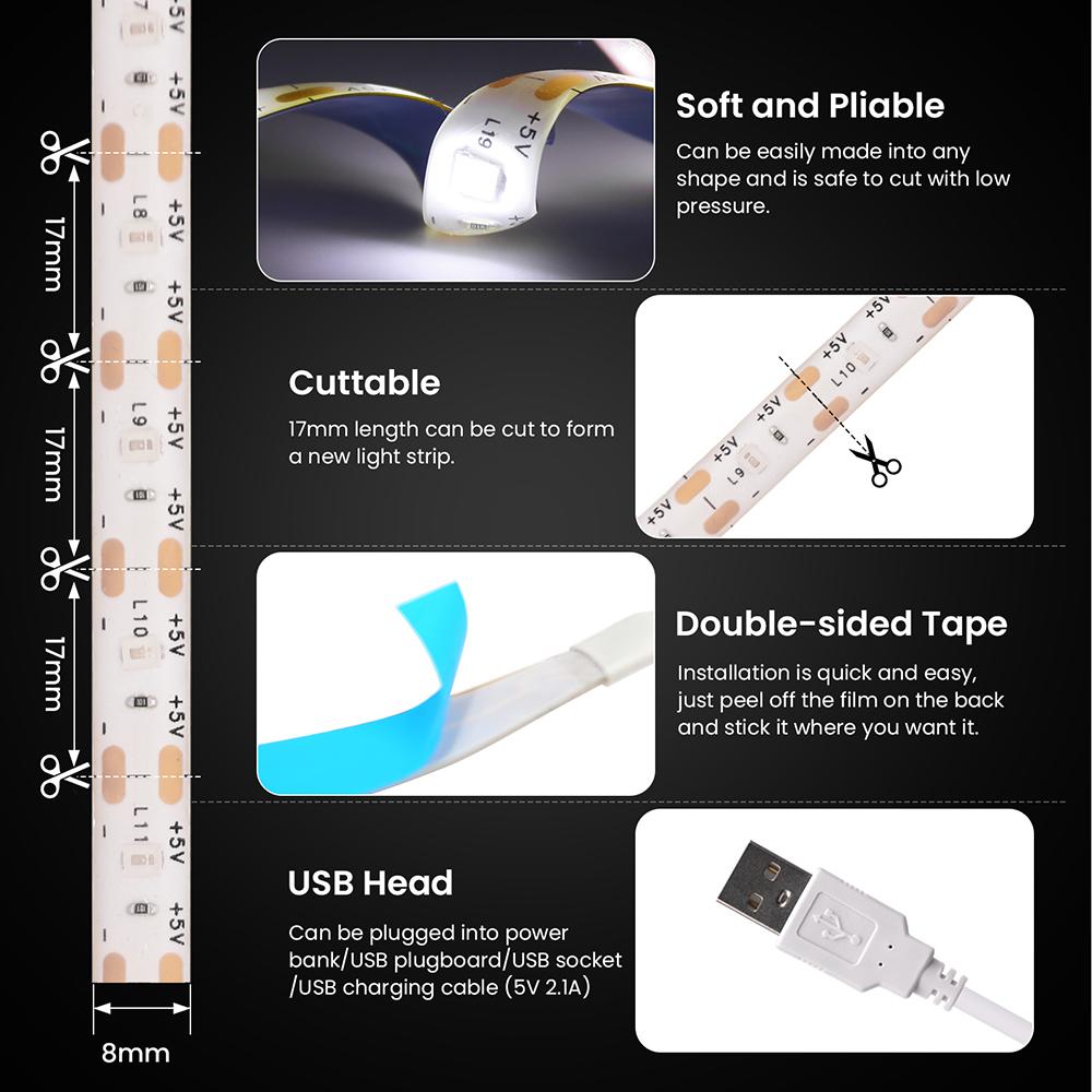 5V USB 2835 LED Strip Touch Dimmer Switch Kit Light Tape Flex 60LED/m Under Cabinet Lights Night Lamp Waterproof 0.5M 1M 2M 5M