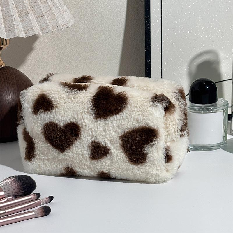 Cute Sweet Heart Pattern Plush Pencil Case Girly Women Large Capacity Cosmetic Bag Travel Portable Storage Bags Organizer Gifts