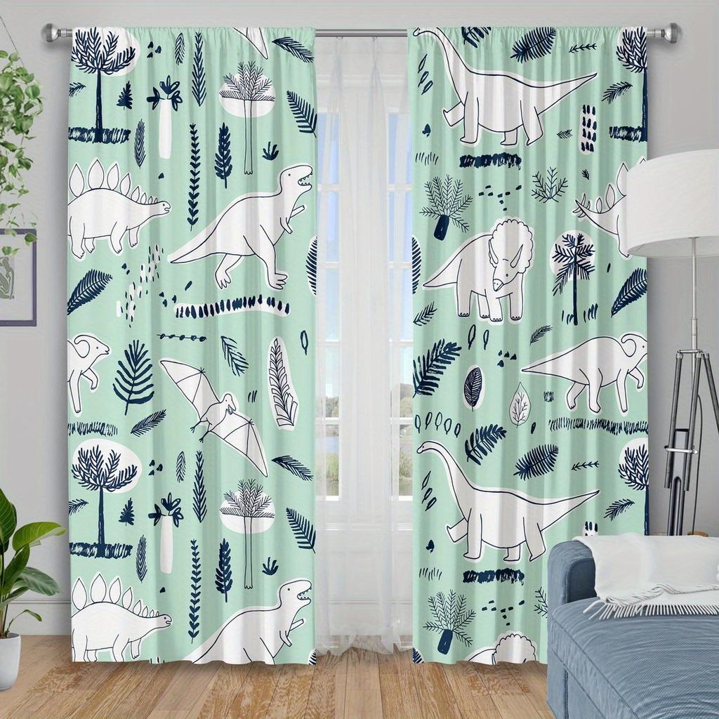 2-piece Cartoon Dinosaur Print Curtains   Polyester Fabric   Machine Washable   Suitable for Bedroom Living Room Decoration
