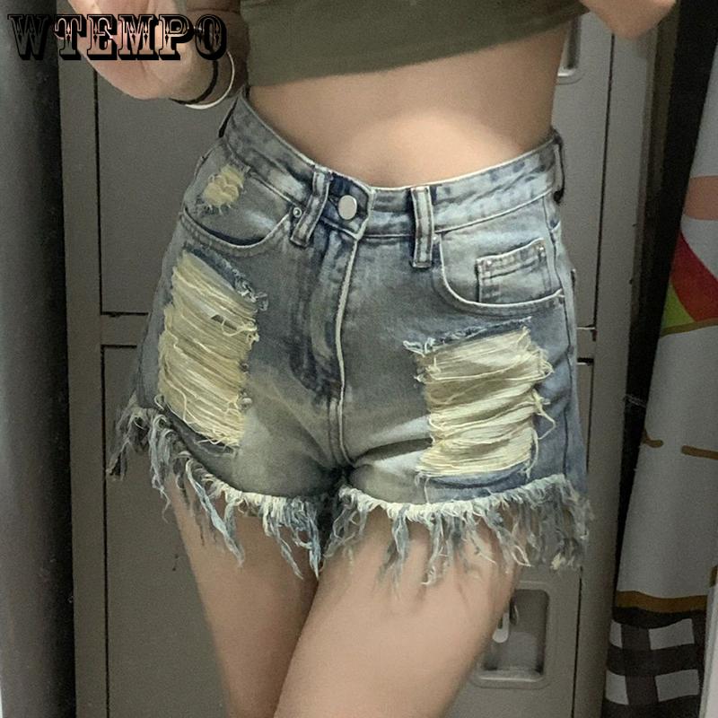 WTEMPO Denim Shorts Summer Women's High Waist Breathable Wide Leg Pants Loose Hairy Edge Broken Hole Slim Shorts