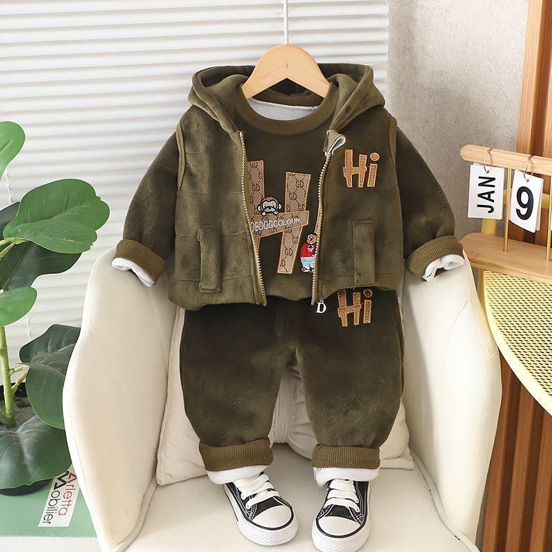 Baby Boys Clothing Set Autumn Winter Cartoon Thick Hooded Jacket Coat Pants 3Pc Suit for Kids Warm Outfits