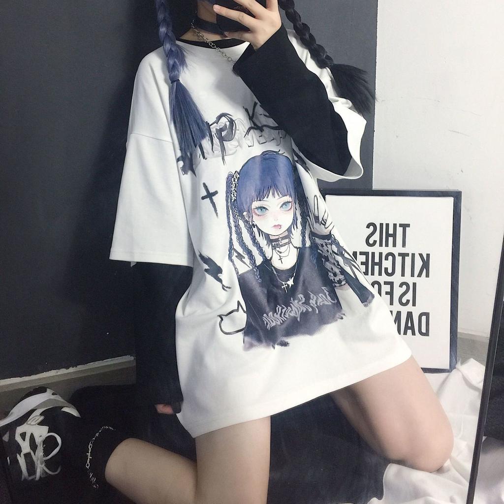 Women T-shirt Harajuku Goth Female Tee Aesthetic Loose Punk Dark Grunge Ladies Gothic Top T-shirts Clothes Y2k Streetwear