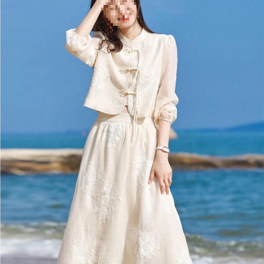 Embroidered Cheongsam Style Top and Skirt Set - Chinese Stand Collar, Button-Up, Two-Piece Spring/Summer Outfit