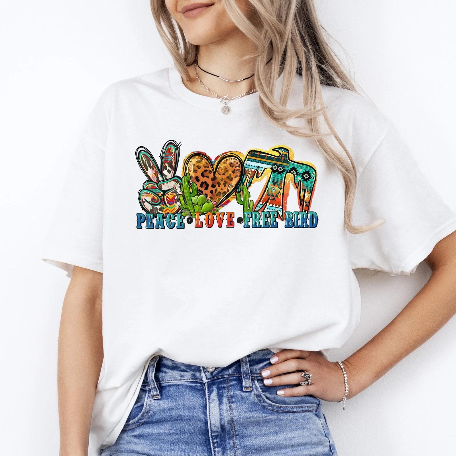 Peace Love Free Bird T-shirt gift Western freebird leopard skin heart tee L