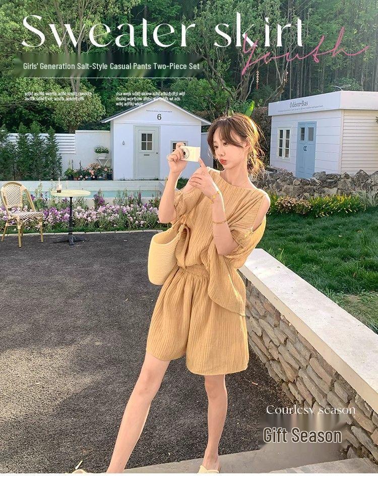 Korean Off-Shoulder Chiffon Top & Shorts Set, Women's Summer Petite Collection, Fresh & Airy Style