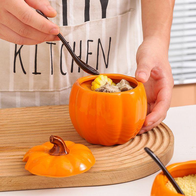 Cute Pumpkin Seasoning Jar Kitchen Seasoning Box Ceramic Stew Pot Home Stew Soup Steamed Egg Bowl with Lid Soup Jar Halloween