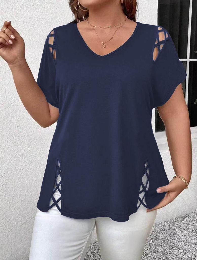 2026 Plus Size V-Neck Cross Strap Hollow Short Sleeve Women's T-shirt