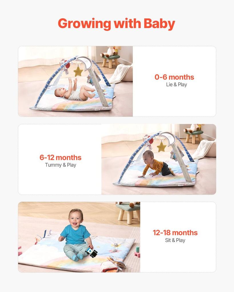 Baby Play Gym Mat Tummy Time Activity Mat with 6 Sensory Toy 35.0" X 35.0"