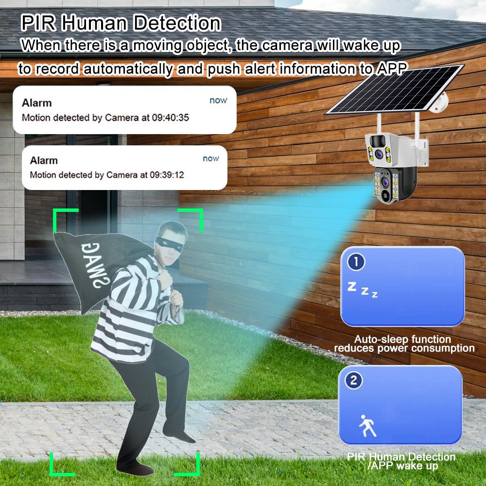 8PM Solarkamera 4K Dual-Objektive 4G Sim Wifi Außen Dual-Objektiv PIR Personenerkennung IP66 Wasserdicht CCTV Videoüberwachung