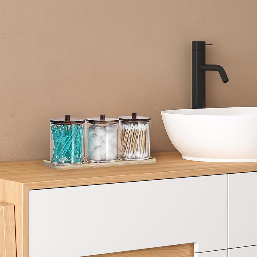 3 Pcs Bathroom Jar Qtip Holder with Vanity Tray Clear Cotton Ball Holder Cotton Swab Dispenser Bathroom Storage Canister