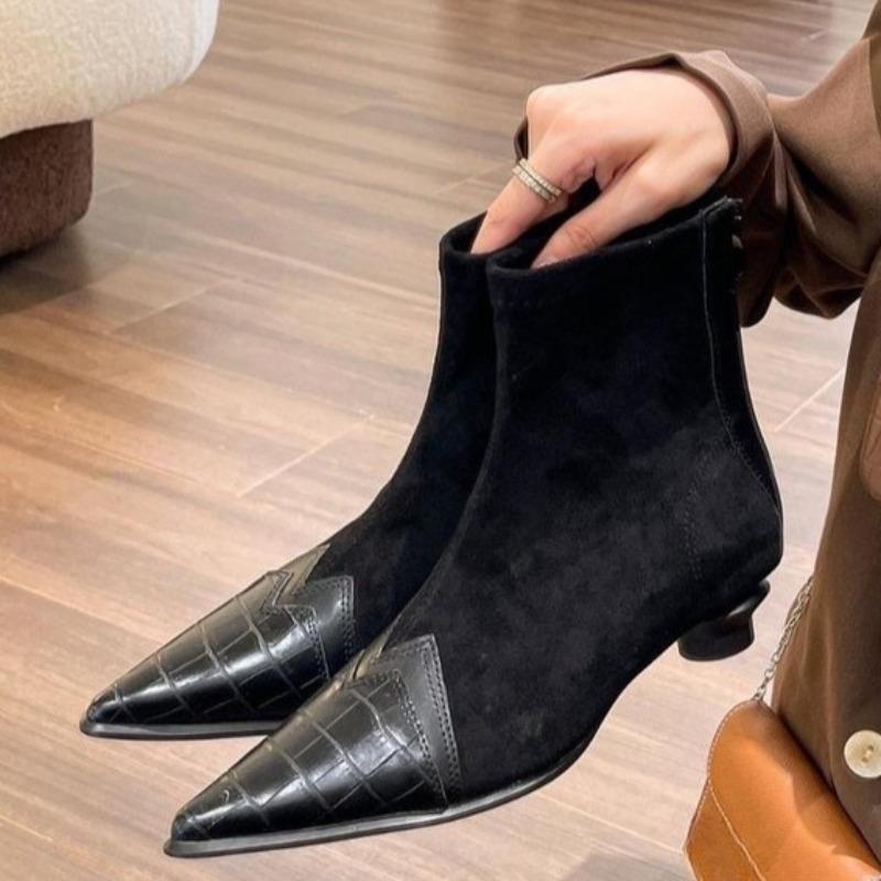 

Shaped Heel Booties Fashion Pointed Toe Paneled Suede Zipper Non-Slip Wear-Resistant Low Heel Shoes 39 чорний
