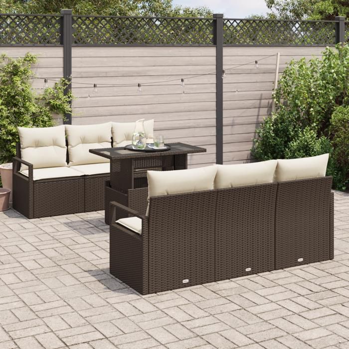 VidaXL Ensemble de Sofa de Jardin 7 Pièces avec Coussins en Poly Rattan Marron 3348744