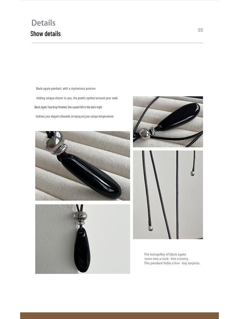 Teardrop Black Agate Pendant Sweater Necklace - Elegant European & American Fashion Jewelry.