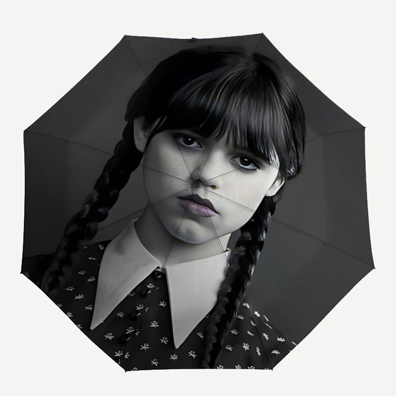 

1pc Wednesday Addams Automatic Open/Close Folding Umbrella, Windproof 8 Rib Construction, Lightweight Travel Umbrella for Women/Men, Ideal Gift