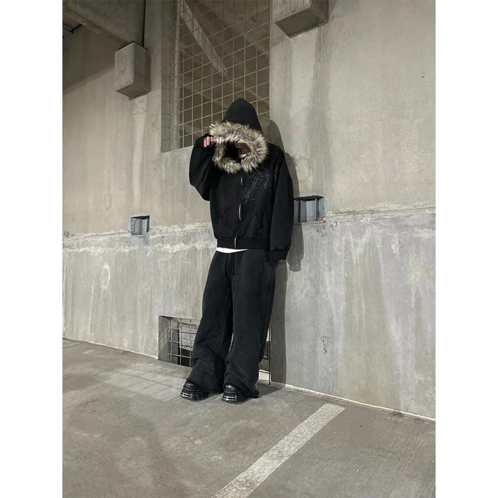 BeatStreet Autumn/Winter Y2k Women Aesthetic Harajuku Faux Fur Collar Hoodies Clothes Graphic Hip Hop Punk Gothic Zip Up Hoodies