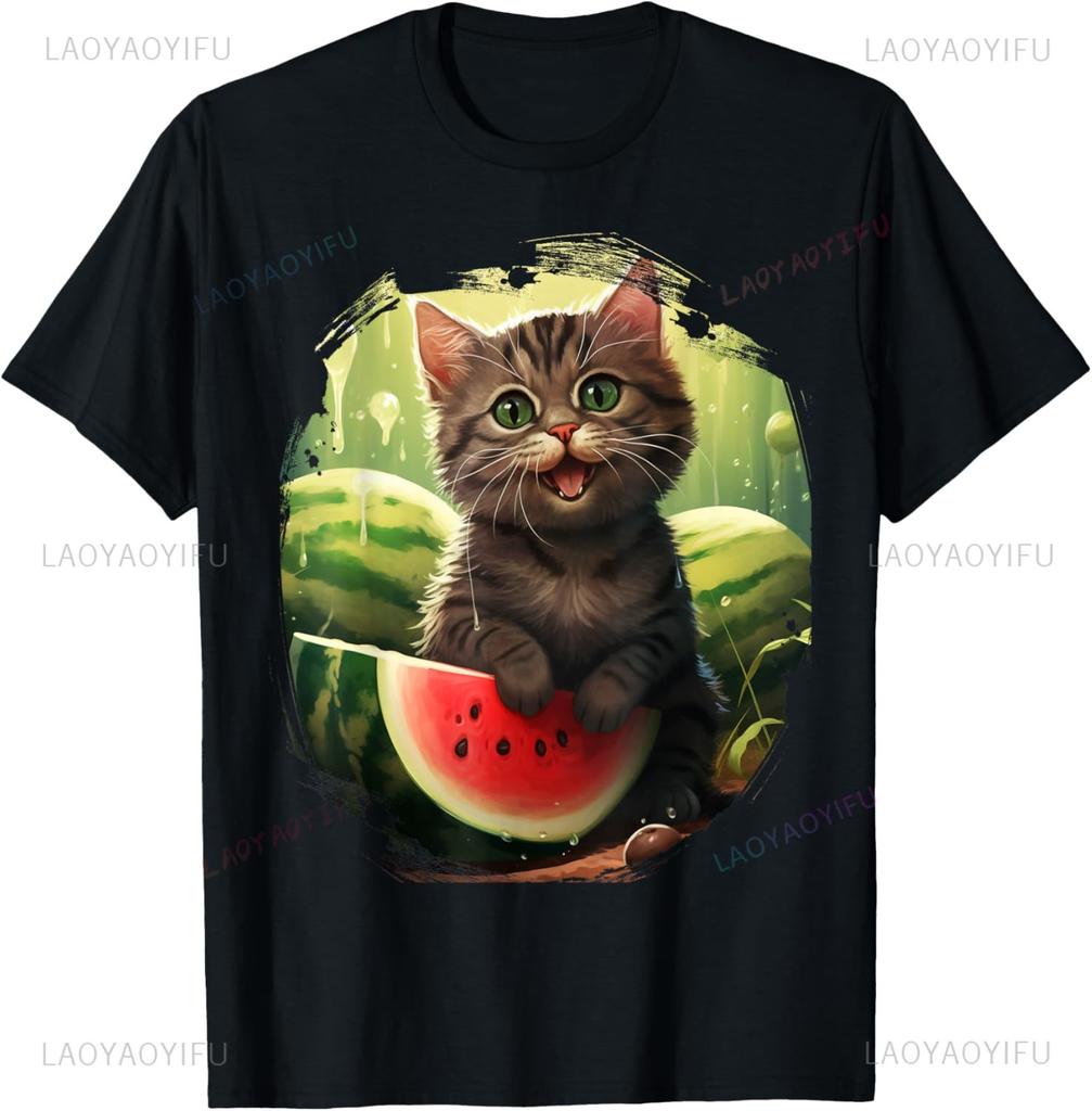Cute Funny Cat On Watermelon Meme T Shirt Men Women ONeck Fashion Short Sleeve Tshirts Retro Harajuku Oversized Tshirt
