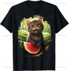 Cute Funny Cat On Watermelon Meme T Shirt Men Women ONeck Fashion  Short Sleeve Tshirts Retro Harajuku Oversized Tshirt
