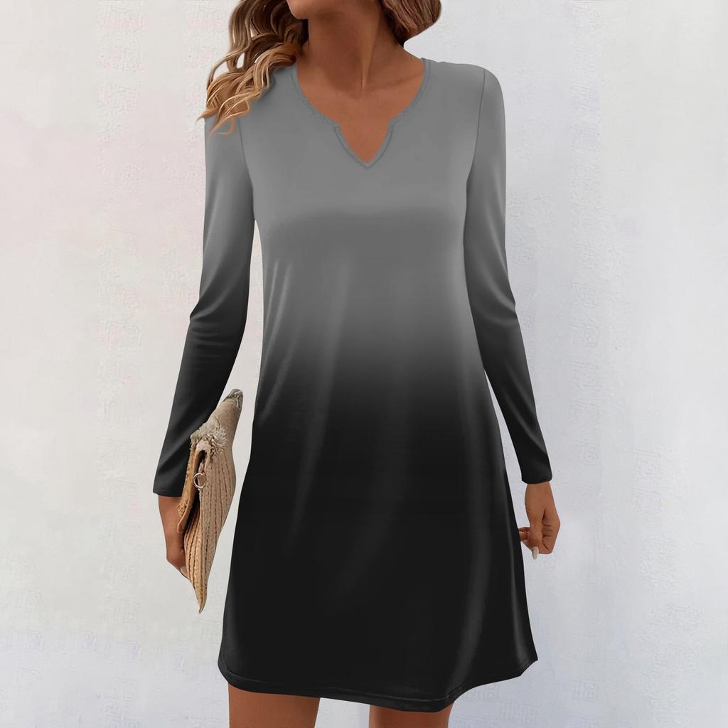 Women's Long-sleeved Casual Midi Dresses V-Neck Print  Casual Dress