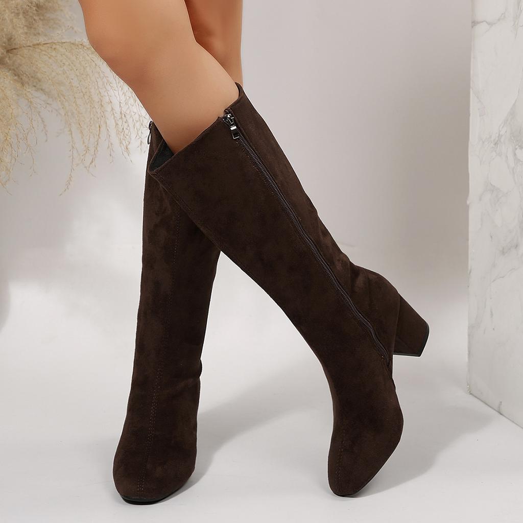 Autumn Winter Suede Women's Mid-Calf Boots Side Zipper Chunky Heeled Fashion Bottes Femmes Office Ladies Botas Altas Elegant