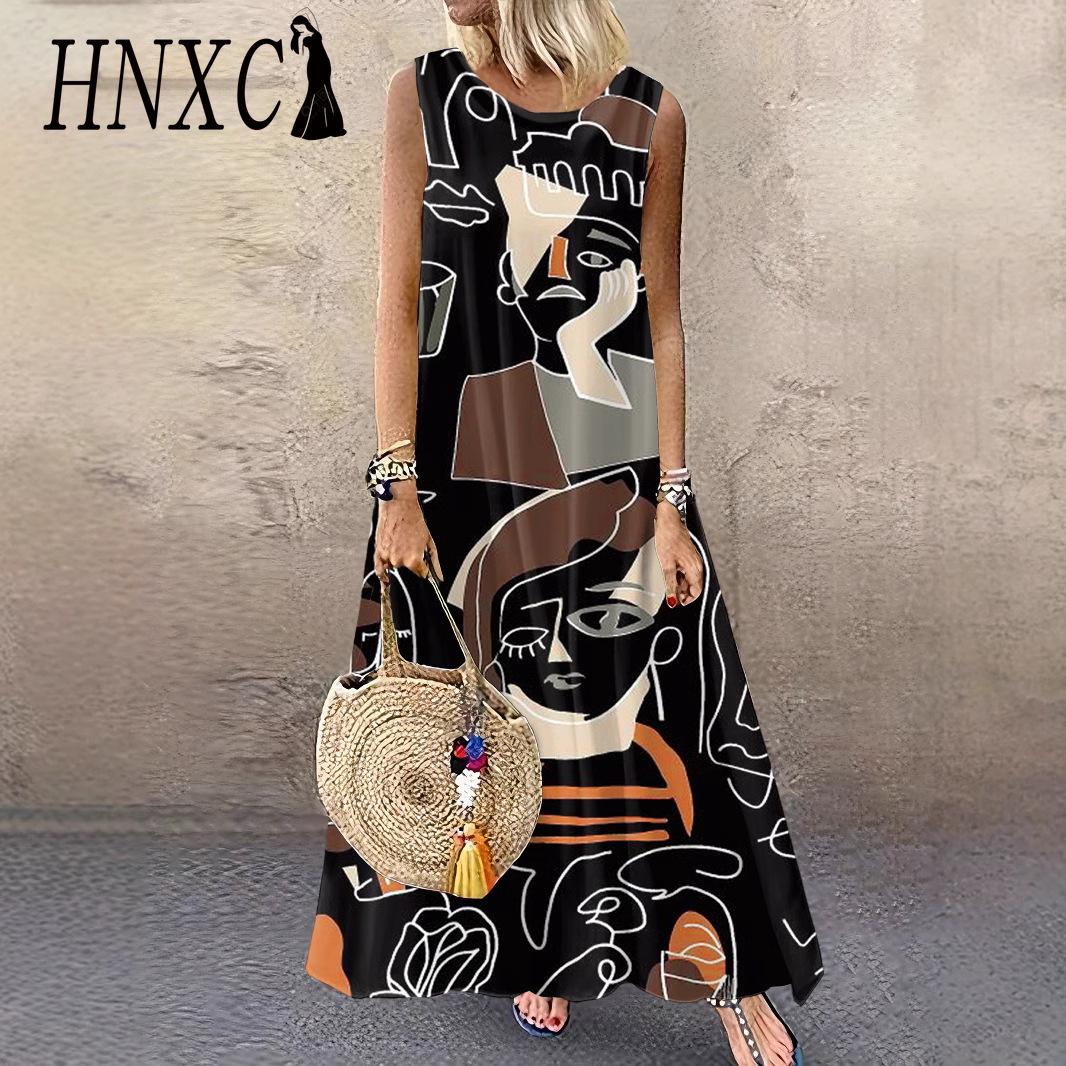 

HNXC Stylish Summer Loose Women s Sleeveless Dress with Vintage Print XXXXXL