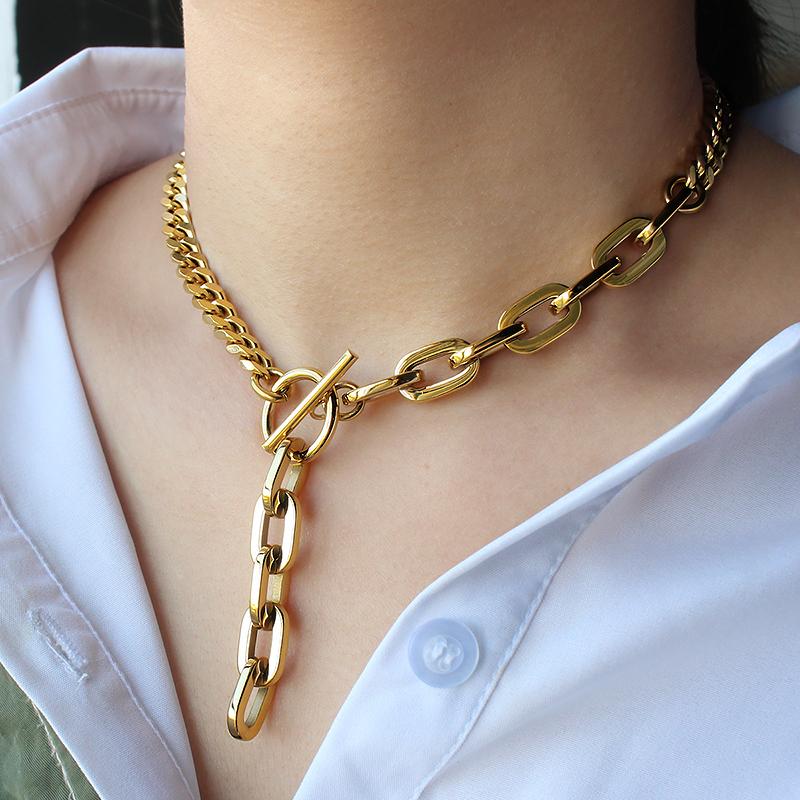 Stainless Steel Hip Hop Cuban Link Chain for Women Men T bar Toggle Clasp Long Chain Pendant Charm Choker Necklace Party Jewelry