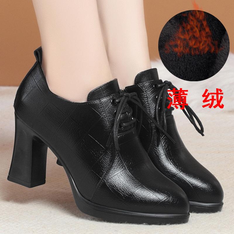 

Новые зимние женские ботинки на толстом каблуке, плоская подошва, противоскользящие, бархатные шнурки для комфорта, до щиколотки, осенняя модная кожаная обувь 36(Foot23cm)