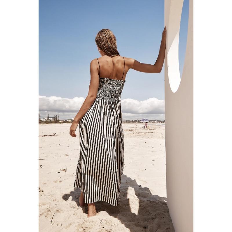 VEZFAA Women's Fashion Summer Spring Stripe Print Sleeveless Suspenders High Waist Casual Dresses