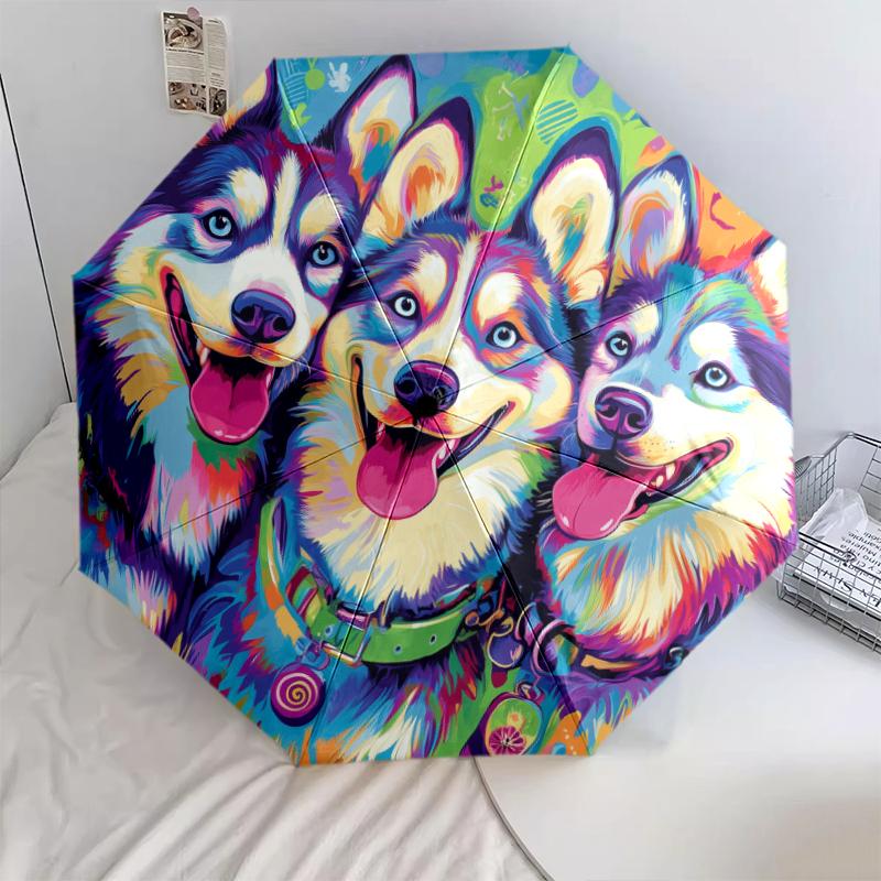 Colorful Husky pattern, automatic folding umbrella, portable and foldable design, 8 ribs, a Christmas or birthday gift.